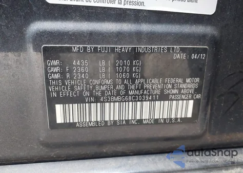 2012 Subaru Legacy 2.5I Premium из США, поврежденный, VIN 4S3BMBG68C3039411